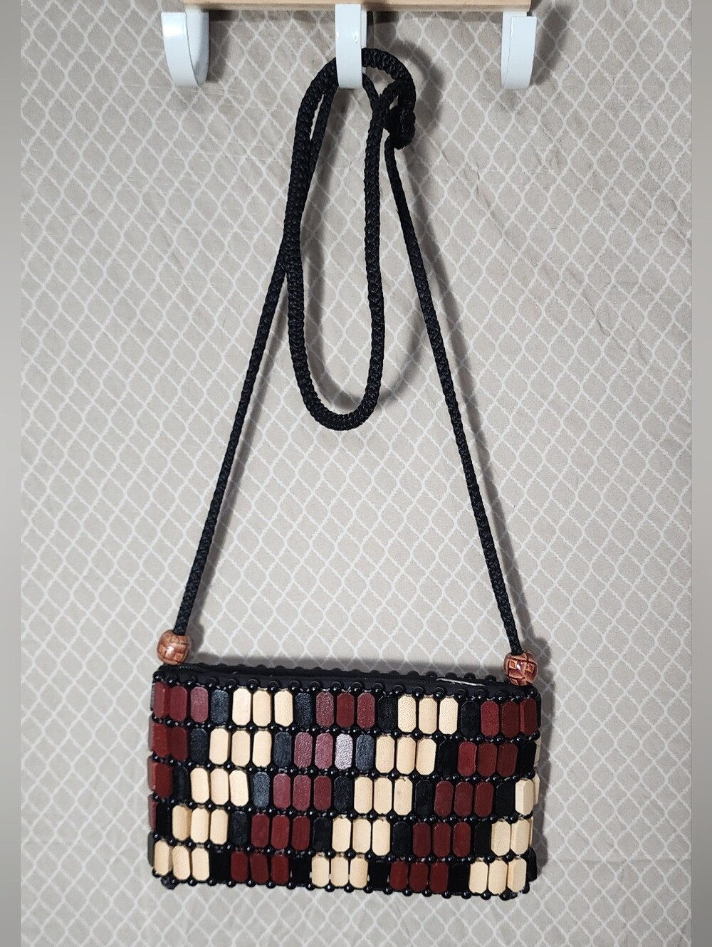 Artisian Handmade Wooden Geometric Bead Pattern Shoulder Bag Used